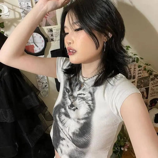 Y2K Cat Print Crop Top O Neck Short Sleeve Vintage Cute Grunge Aesthetic T Shirt Women Harajuku Aesthetic Tee Korean - SS69