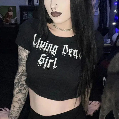 Y2K Clothes Letter Print 2000S Goth Kawaii Harajuku Fairy Grunge Short Top Women T-shirt Summer Fashion Baby Tee E-girl Crop Top - SS69