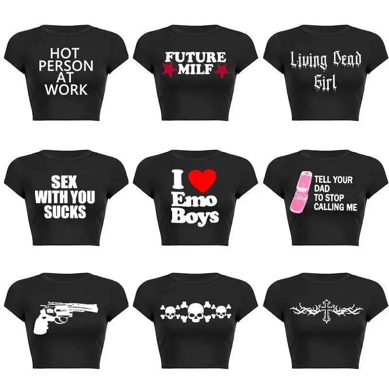 Y2K Clothes Letter Print 2000S Goth Kawaii Harajuku Fairy Grunge Short Top Women T-shirt Summer Fashion Baby Tee E-girl Crop Top - SS69