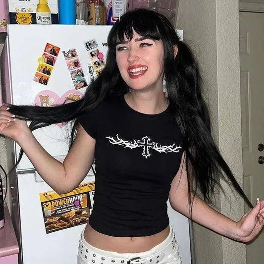 Y2K Clothes Letter Print 2000S Goth Kawaii Harajuku Fairy Grunge Short Top Women T-shirt Summer Fashion Baby Tee E-girl Crop Top - SS69