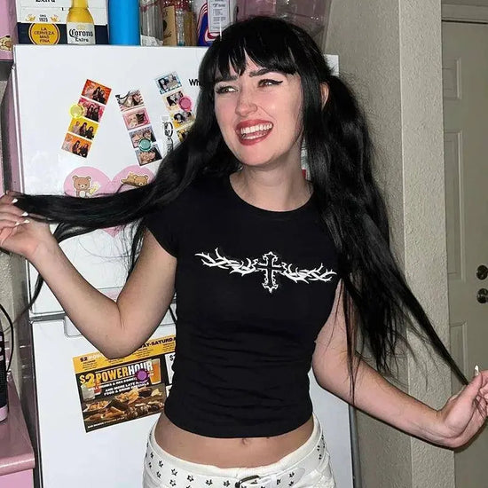 Y2K Clothes Letter Print 2000S Goth Kawaii Harajuku Fairy Grunge Short Top Women T-shirt Summer Fashion Baby Tee E-girl Crop Top - SS69