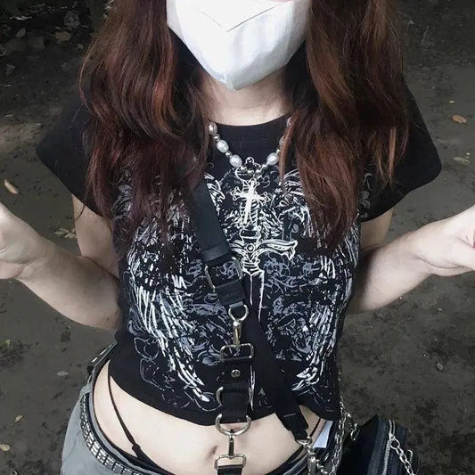 Y2K Clothes Letter Print 2000S Goth Kawaii Harajuku Fairy Grunge Short Top Women T-shirt Summer Fashion Baby Tee E-girl Crop Top - SS69