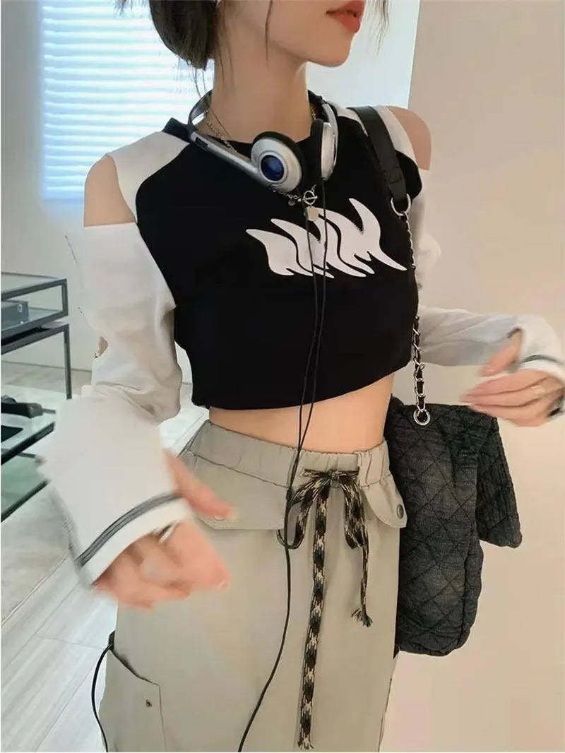 Y2K European and American off Shoulder Traf Hollow T-Shirt | Spicy Girl - SS69