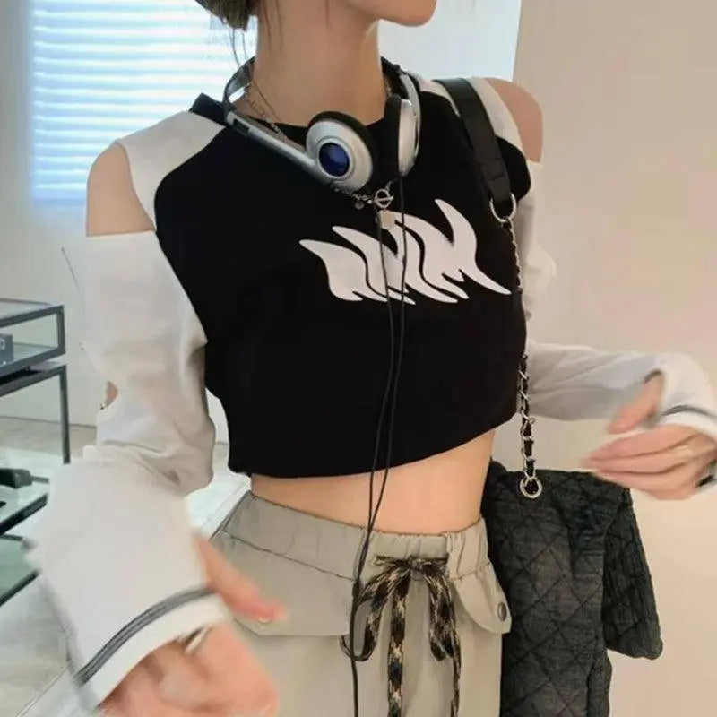 Y2K European and American off Shoulder Traf Hollow T-Shirt | Spicy Girl - SS69