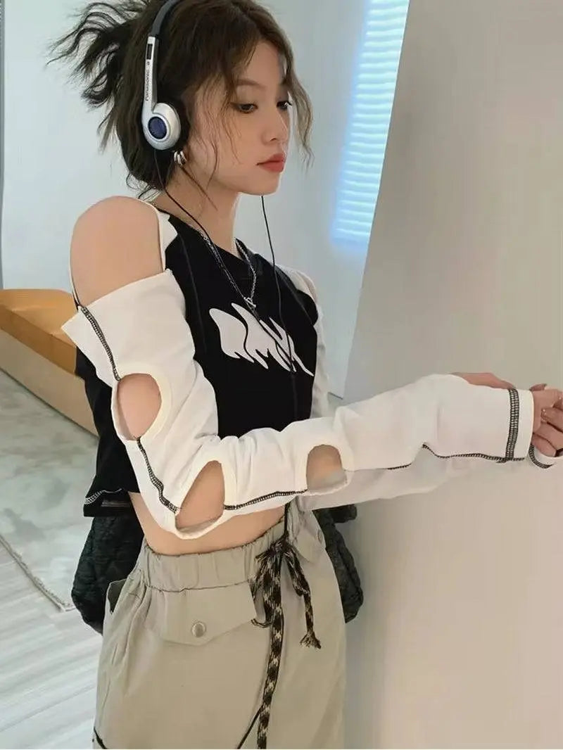 Y2K European and American off Shoulder Traf Hollow T-Shirt | Spicy Girl - SS69