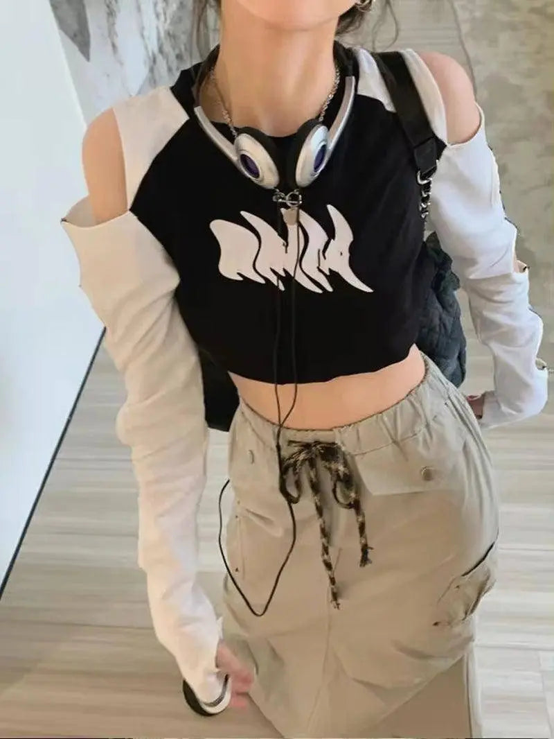 Y2K European and American off Shoulder Traf Hollow T-Shirt | Spicy Girl - SS69