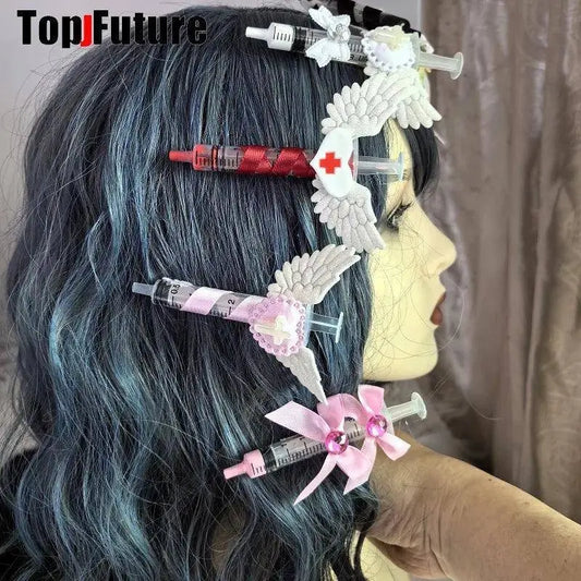 Y2K Girl Gothic Lolita Devil Angel Wing Harajuku Medical Syringe Hair Clip Hair Accessories Hair clips pins Hairpin Barrettes SS69