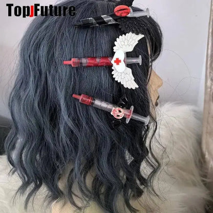 Y2K Girl Gothic Lolita Devil Angel Wing Harajuku Medical Syringe Hair Clip Hair Accessories Hair clips pins Hairpin Barrettes SS69