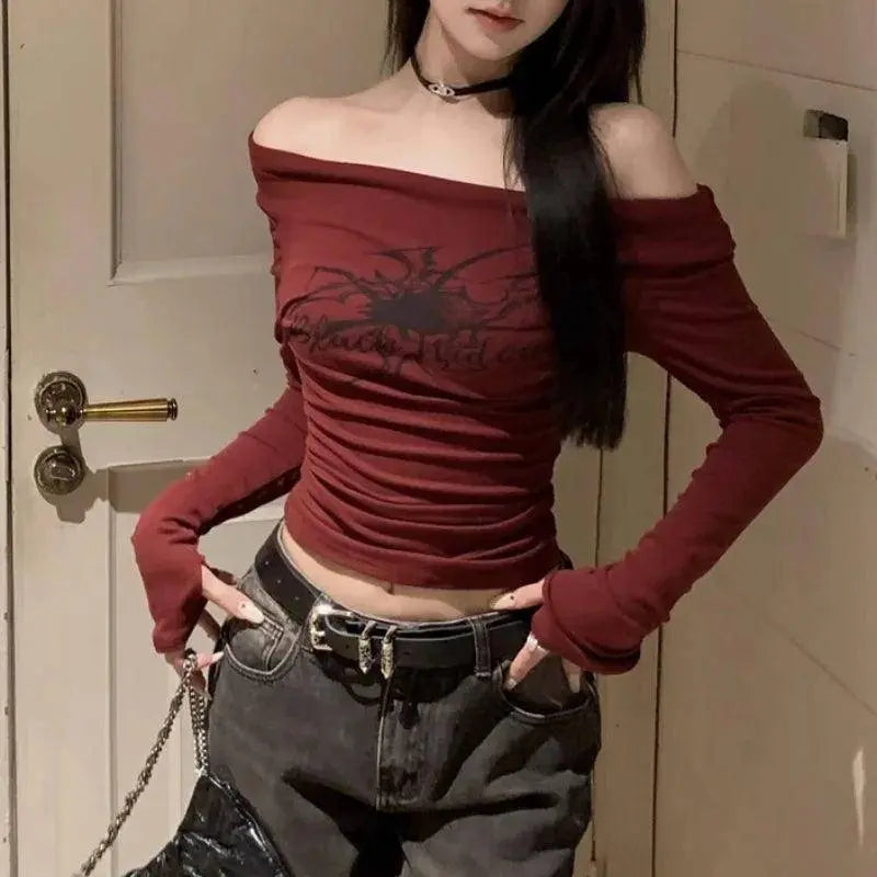 Y2K Gothic Grunge T Shirts off Shoulder 2025 Autumn Streetwear Fairycore Hip Hop Tops Punk Casual Tees - SS69