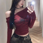 Y2K Gothic Grunge T Shirts off Shoulder 2025 Autumn Streetwear Fairycore Hip Hop Tops Punk Casual Tees - SS69