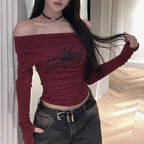 Y2K Gothic Grunge T Shirts off Shoulder 2025 Autumn Streetwear Fairycore Hip Hop Tops Punk Casual Tees - SS69