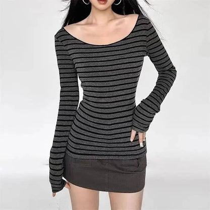 Y2K Grunge Emo 00s Vintage T-Shirt Black Grey Striped Off Shoulder Long Sleeve Jumper Top Chic Women Autumn Retro Goth Tee Shirt SS69