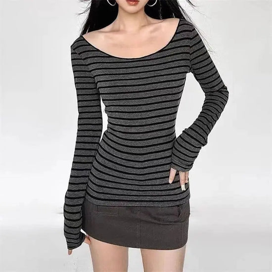 Y2K Grunge Emo 00s Vintage T-Shirt Black Grey Striped Off Shoulder Long Sleeve Jumper Top Chic Women Autumn Retro Goth Tee Shirt SS69