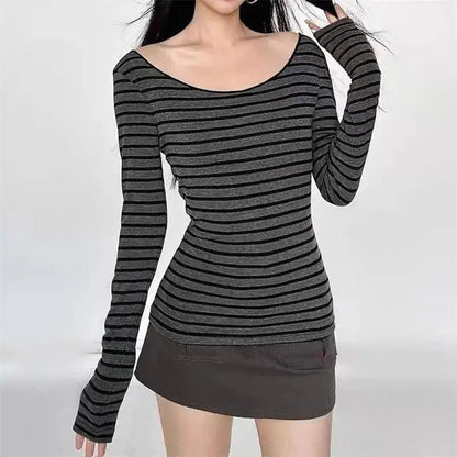 Y2K Grunge Emo 00s Vintage T-Shirt Black Grey Striped Off Shoulder Long Sleeve Jumper Top Chic Women Autumn Retro Goth Tee Shirt SS69