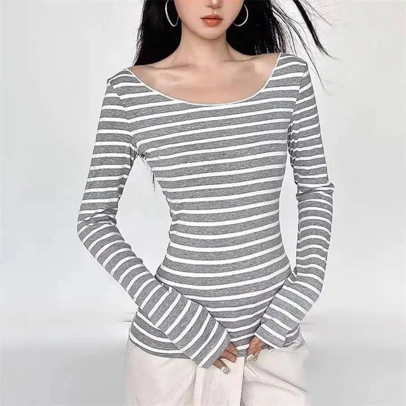 Y2K Grunge Emo 00s Vintage T-Shirt Black Grey Striped Off Shoulder Long Sleeve Jumper Top Chic Women Autumn Retro Goth Tee Shirt SS69