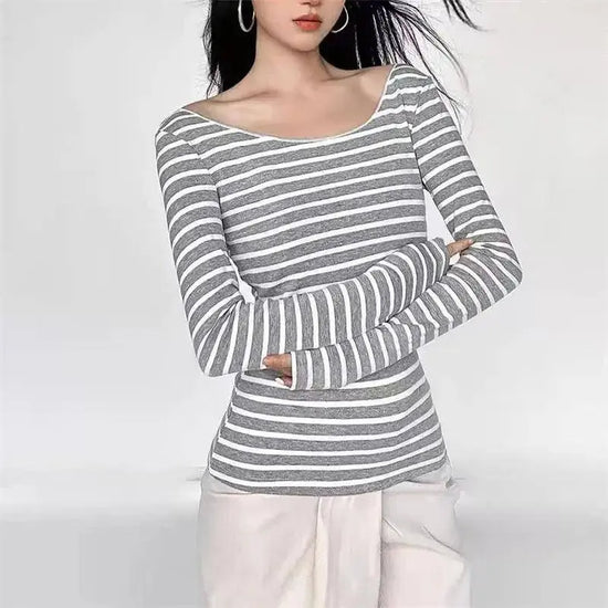 Y2K Grunge Emo 00s Vintage T-Shirt Black Grey Striped Off Shoulder Long Sleeve Jumper Top Chic Women Autumn Retro Goth Tee Shirt SS69