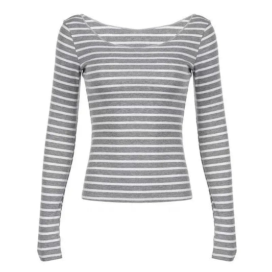 Y2K Grunge Emo 00s Vintage T-Shirt Black Grey Striped Off Shoulder Long Sleeve Jumper Top Chic Women Autumn Retro Goth Tee Shirt SS69