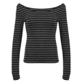 Y2K Grunge Emo 00s Vintage T-Shirt Black Grey Striped Off Shoulder Long Sleeve Jumper Top Chic Women Autumn Retro Goth Tee Shirt SS69