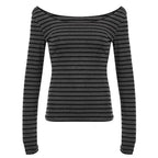 Y2K Grunge Emo 00s Vintage T-Shirt Black Grey Striped Off Shoulder Long Sleeve Jumper Top Chic Women Autumn Retro Goth Tee Shirt SS69