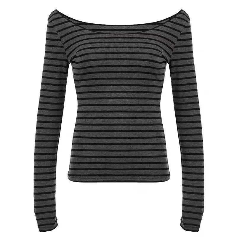 Y2K Grunge Emo 00s Vintage T-Shirt Black Grey Striped Off Shoulder Long Sleeve Jumper Top Chic Women Autumn Retro Goth Tee Shirt SS69