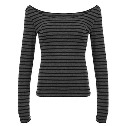 Y2K Grunge Emo 00s Vintage T-Shirt Black Grey Striped Off Shoulder Long Sleeve Jumper Top Chic Women Autumn Retro Goth Tee Shirt SS69