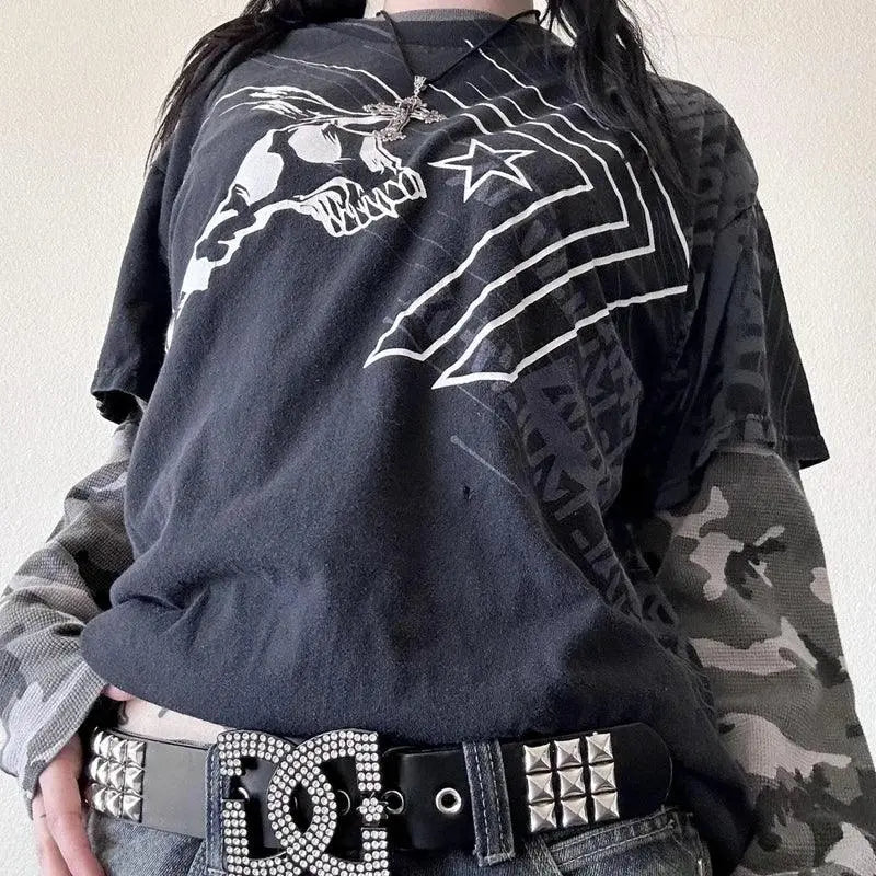 Y2K Grunge Emo Vintage T-shirt 2000s Cross Cyber Goth Patchwork Long Sleeve Tees E-girl Gothic Harajuku Loose Tops Women Men - SS69