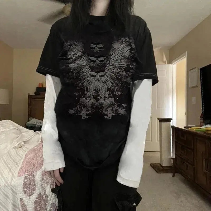 Y2K Grunge Emo Vintage T-shirt 2000s Cross Cyber Goth Patchwork Long Sleeve Tees E-girl Gothic Harajuku Loose Tops Women Men - SS69