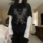 Y2K Grunge Emo Vintage T-shirt 2000s Cross Cyber Goth Patchwork Long Sleeve Tees E-girl Gothic Harajuku Loose Tops Women Men - SS69