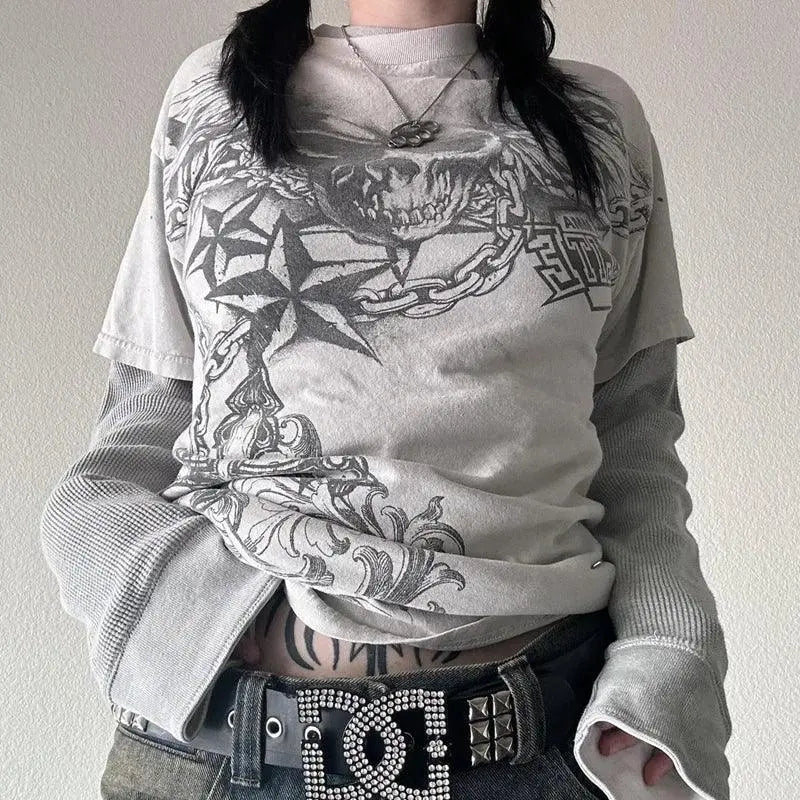 Y2K Grunge Emo Vintage T-shirt 2000s Cross Cyber Goth Patchwork Long Sleeve Tees E-girl Gothic Harajuku Loose Tops Women Men - SS69