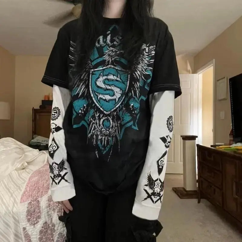 Y2K Grunge Emo Vintage T-shirt 2000s Cross Cyber Goth Patchwork Long Sleeve Tees E-girl Gothic Harajuku Loose Tops Women Men - SS69