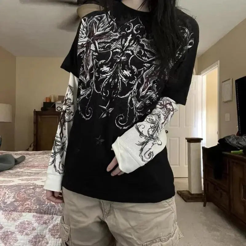 Y2K Grunge Emo Vintage T-shirt 2000s Cross Cyber Goth Patchwork Long Sleeve Tees E-girl Gothic Harajuku Loose Tops Women Men - SS69