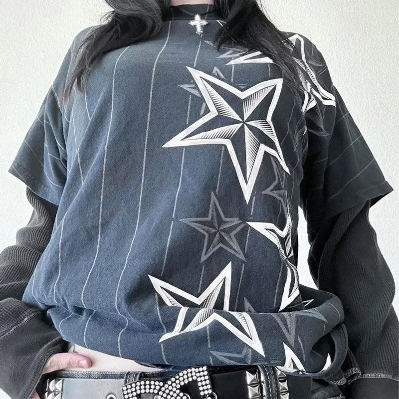 Y2K Grunge Emo Vintage T-shirt 2000s Cross Cyber Goth Patchwork Long Sleeve Tees E-girl Gothic Harajuku Loose Tops Women Men - SS69