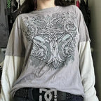 Y2K Grunge Emo Vintage T-shirt 2000s Cross Cyber Goth Patchwork Long Sleeve Tees E-girl Gothic Harajuku Loose Tops Women Men - SS69