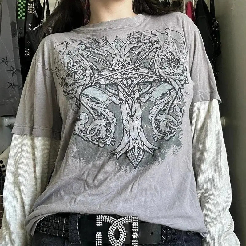 Y2K Grunge Emo Vintage T-shirt 2000s Cross Cyber Goth Patchwork Long Sleeve Tees E-girl Gothic Harajuku Loose Tops Women Men - SS69