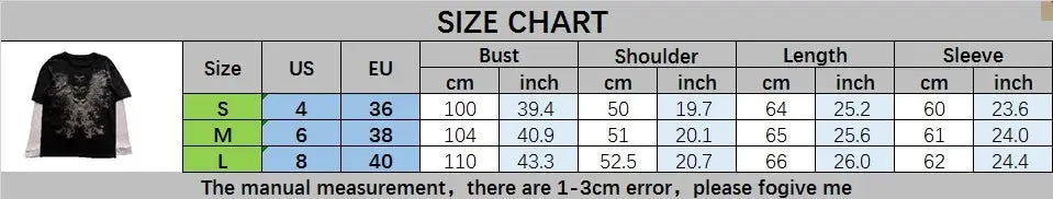 Y2K Grunge Emo Vintage T-shirt 2000s Cross Cyber Goth Patchwork Long Sleeve Tees E-girl Gothic Harajuku Loose Tops Women Men - SS69