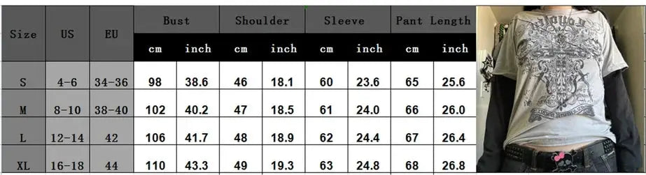 Y2K Grunge Emo Vintage T-shirt 2000s Cross Cyber Goth Patchwork Long Sleeve Tees E-girl Gothic Harajuku Loose Tops Women Men - SS69