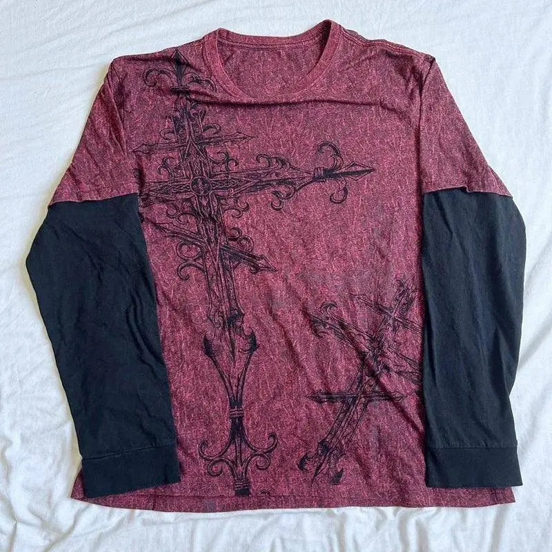 Y2K Grunge Emo Vintage T-shirt 2000s Cross Cyber Goth Patchwork Long Sleeve Tees E-girl Gothic Harajuku Loose Tops Women Men - SS69