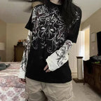 Y2K Grunge Emo Vintage T-shirt 2000s Cross Cyber Goth Patchwork Long Sleeve Tees E-girl Gothic Harajuku Loose Tops Women Men - SS69
