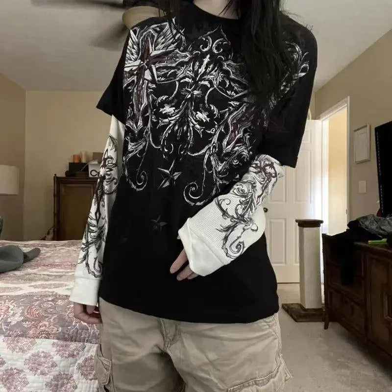 Y2K Grunge Emo Vintage T-shirt 2000s Cross Cyber Goth Patchwork Long Sleeve Tees E-girl Gothic Harajuku Loose Tops Women Men - SS69