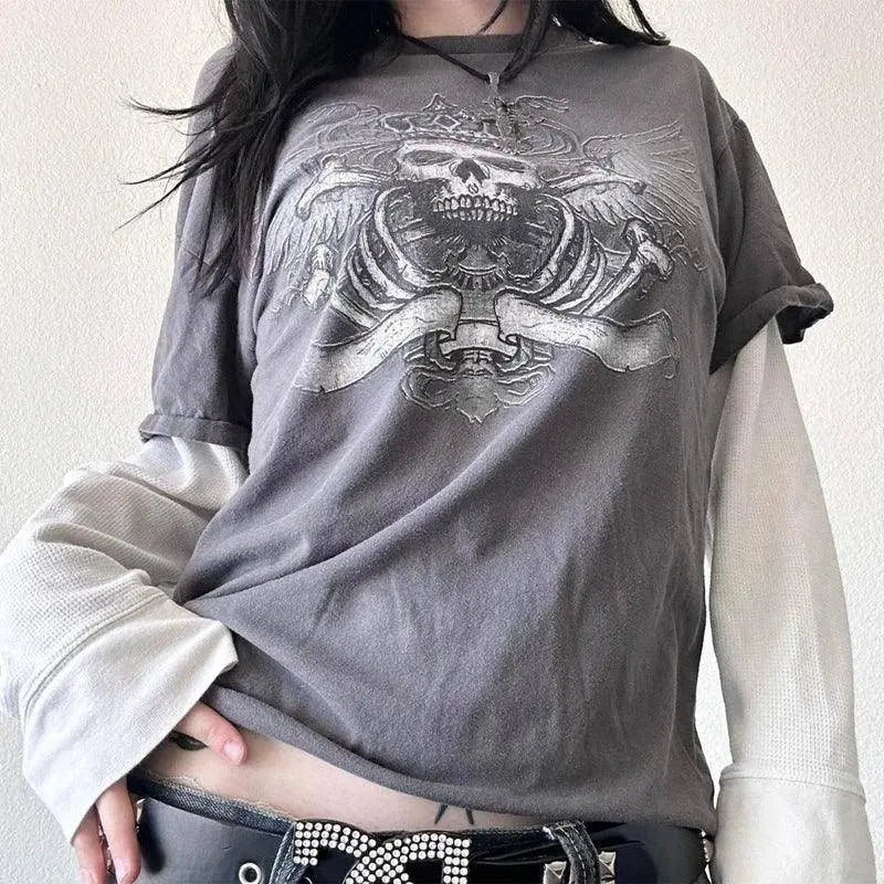 Y2K Grunge Emo Vintage T-shirt 2000s Cross Cyber Goth Patchwork Long Sleeve Tees E-girl Gothic Harajuku Loose Tops Women Men - SS69