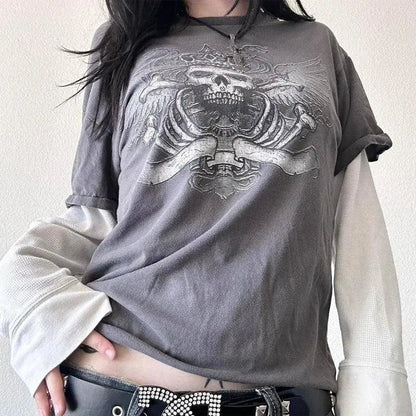 Y2K Grunge Emo Vintage T-shirt 2000s Cross Cyber Goth Patchwork Long Sleeve Tees E-girl Gothic Harajuku Loose Tops Women Men - SS69