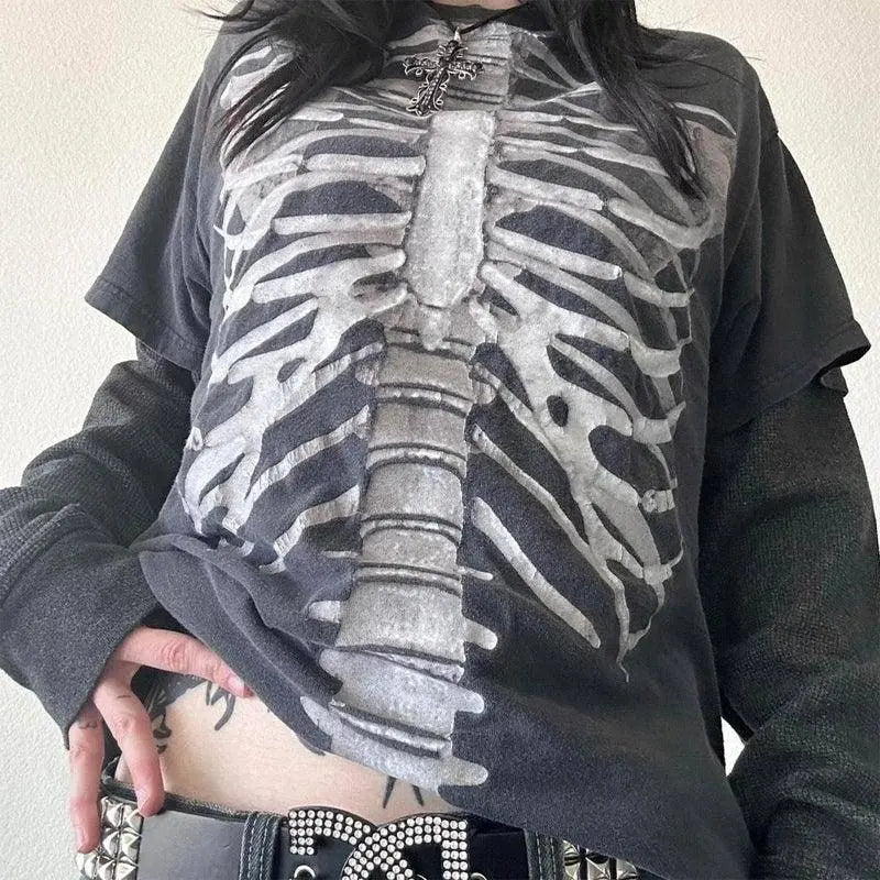 Y2K Grunge Emo Vintage T-shirt 2000s Cross Cyber Goth Patchwork Long Sleeve Tees E-girl Gothic Harajuku Loose Tops Women Men - SS69