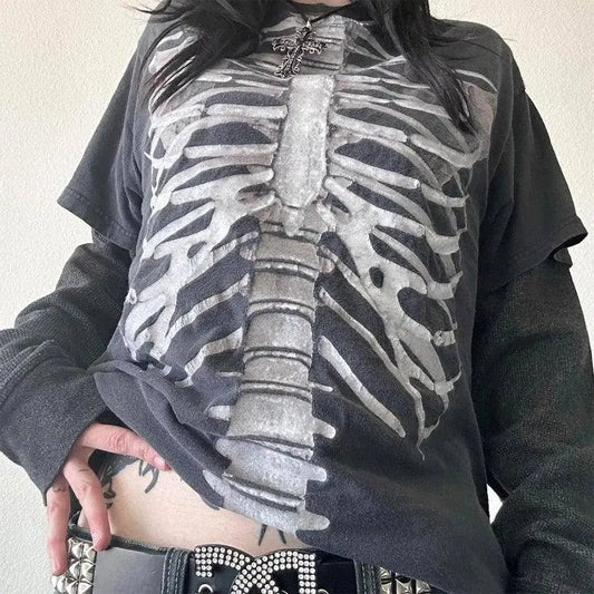 Y2K Grunge Emo Vintage T-shirt 2000s Cross Cyber Goth Patchwork Long Sleeve Tees E-girl Gothic Harajuku Loose Tops Women Men - SS69