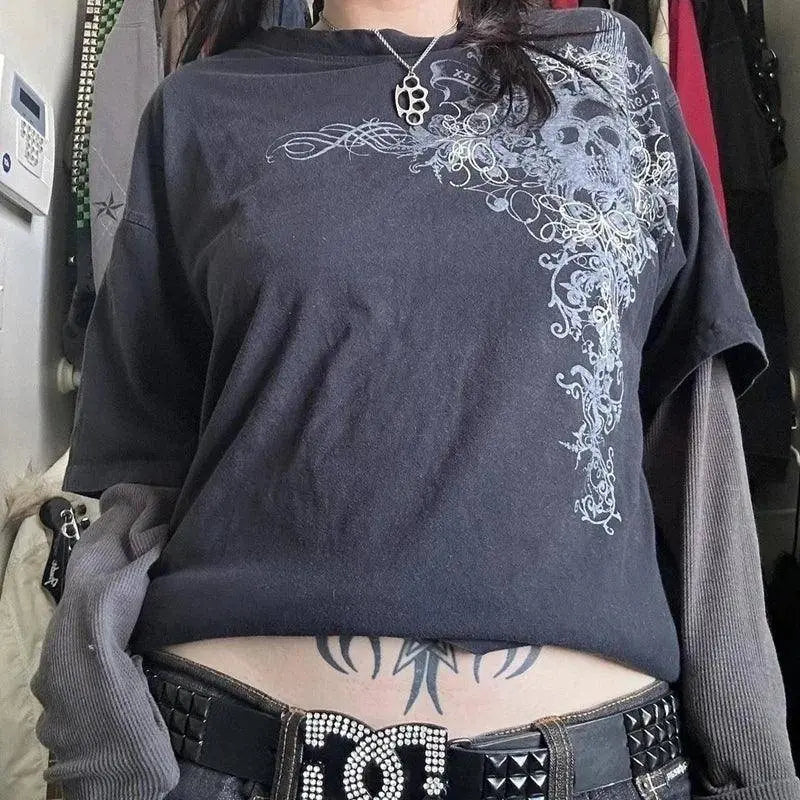 Y2K Grunge Emo Vintage T-shirt 2000s Cross Cyber Goth Patchwork Long Sleeve Tees E-girl Gothic Harajuku Loose Tops Women Men - SS69