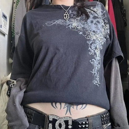 Y2K Grunge Emo Vintage T-shirt 2000s Cross Cyber Goth Patchwork Long Sleeve Tees E-girl Gothic Harajuku Loose Tops Women Men - SS69