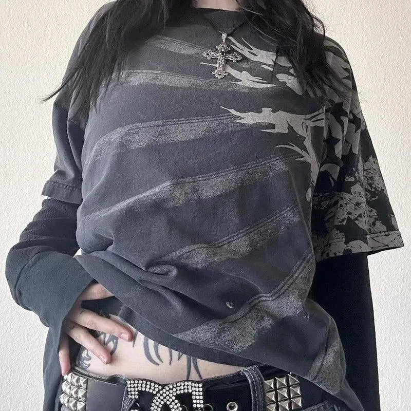 Y2K Grunge Emo Vintage T-shirt 2000s Cross Cyber Goth Patchwork Long Sleeve Tees E-girl Gothic Harajuku Loose Tops Women Men - SS69