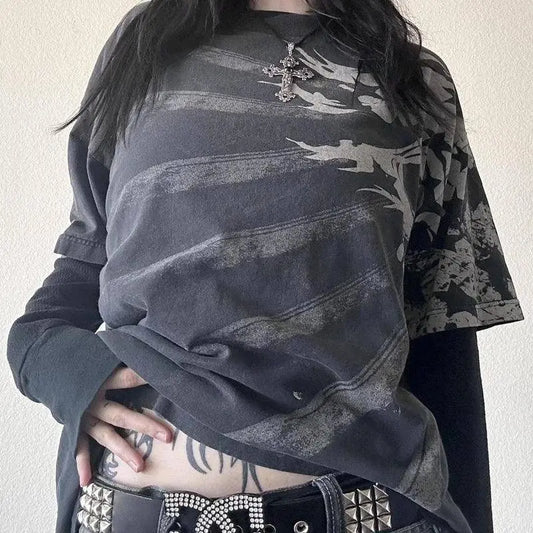 Y2K Grunge Emo Vintage T-shirt 2000s Cross Cyber Goth Patchwork Long Sleeve Tees E-girl Gothic Harajuku Loose Tops Women Men - SS69
