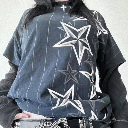 Y2K Grunge Emo Vintage T-shirt 2000s Cross Cyber Goth Patchwork Long Sleeve Tees E-girl Gothic Harajuku Loose Tops Women Men - SS69