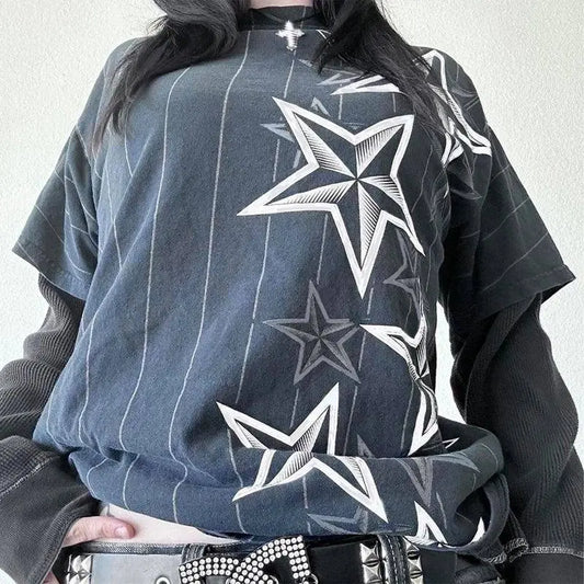 Y2K Grunge Emo Vintage T-shirt 2000s Cross Cyber Goth Patchwork Long Sleeve Tees E-girl Gothic Harajuku Loose Tops Women Men - SS69