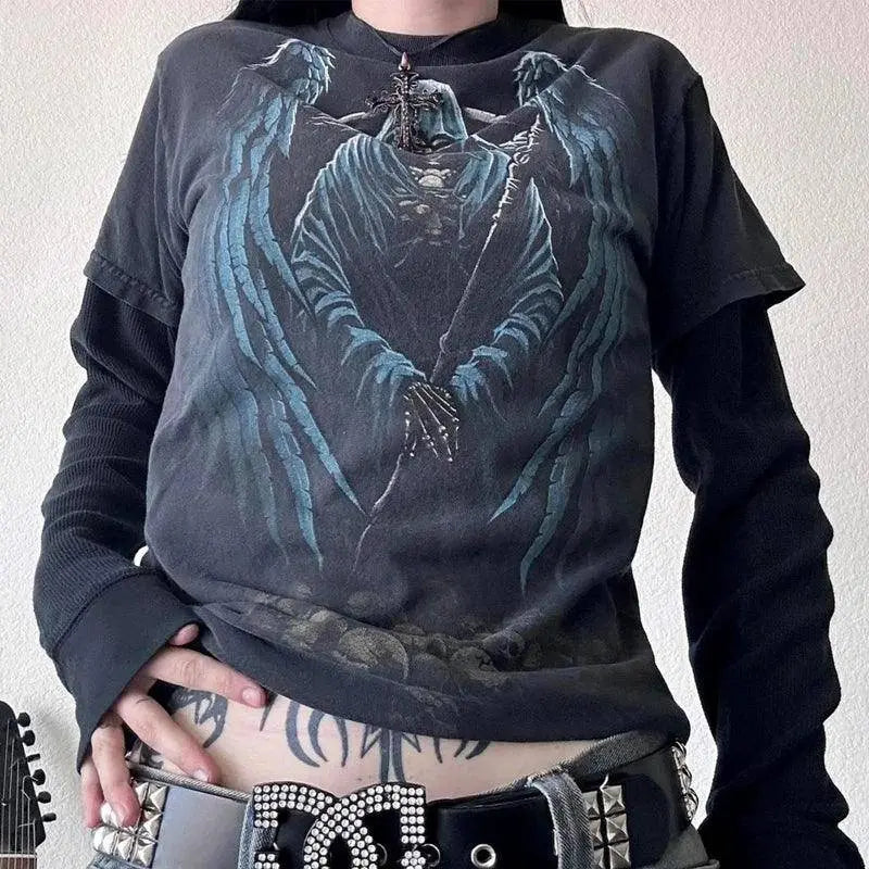 Y2K Grunge Emo Vintage T-shirt 2000s Cross Cyber Goth Patchwork Long Sleeve Tees E-girl Gothic Harajuku Loose Tops Women Men - SS69